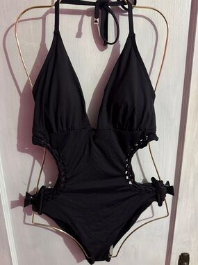 BCBGMaxAzria Halter One-Piece Swimsuit with Braided Side Cutouts